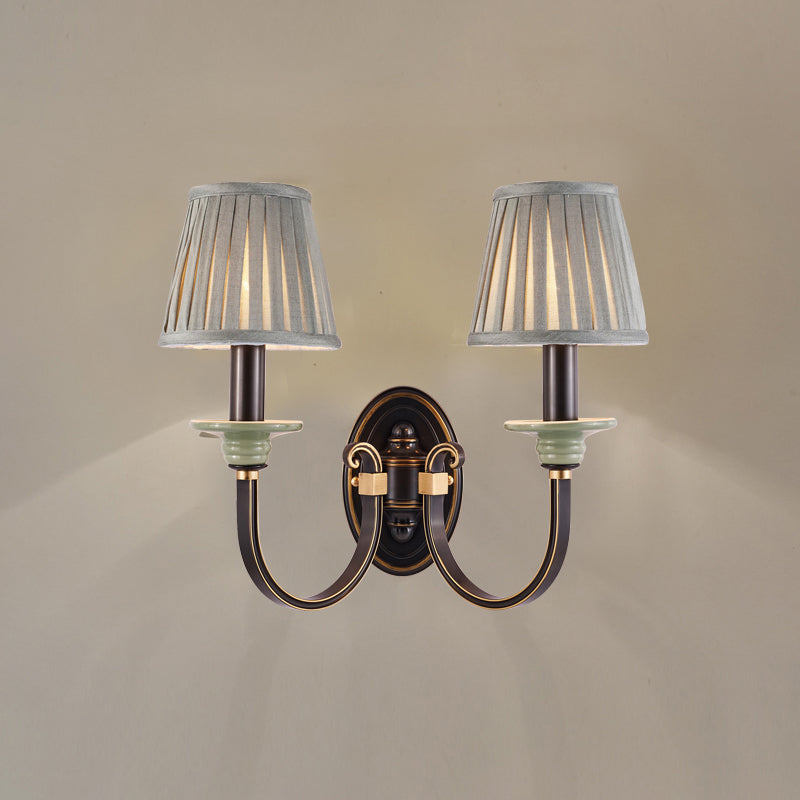 Metal Arched Wall Light Contemporary 1 Head Black Sconce with Tapered Pleated Fabric Shade