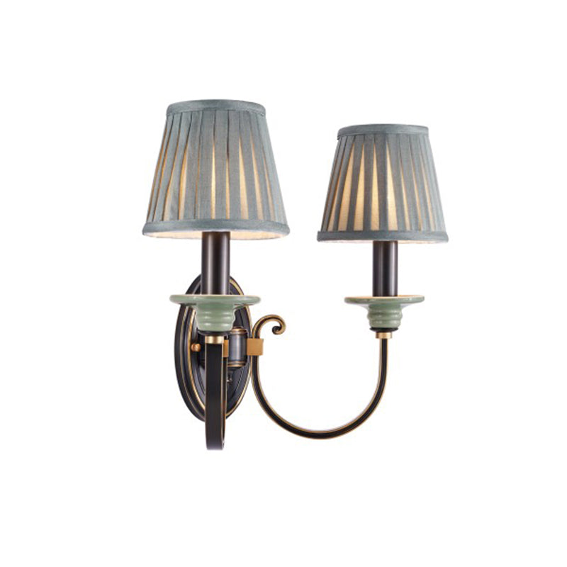 Metal Arched Wall Light Contemporary 1 Head Black Sconce with Tapered Pleated Fabric Shade