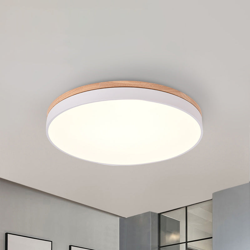 12"/16.5"/20.5" Wide White Round Flush Mount Lighting Modern Single Light Wooden LED Ceiling Lamp for Living Room