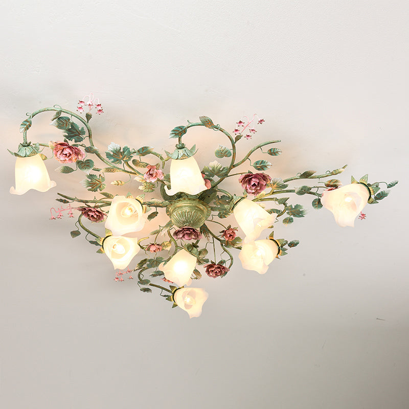 Turquoise Finish Ceiling Mounted Light Country Flower Opaline Glass Semi Flush Mount Lighting