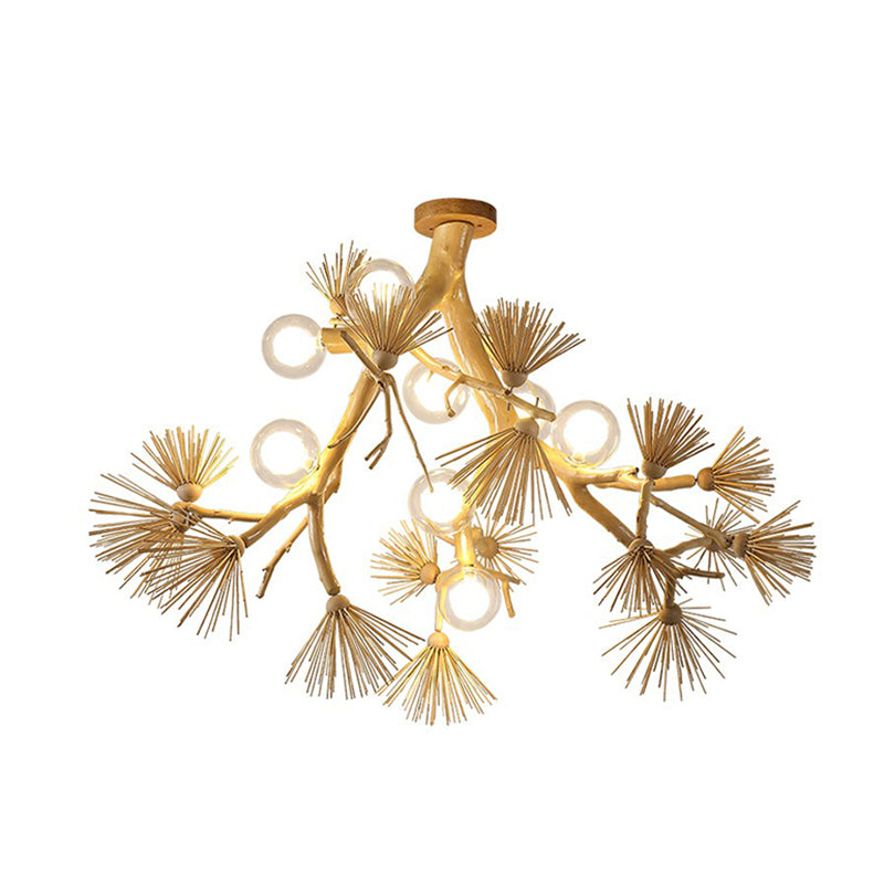 Wood Tree Branch Ceiling Light Japanese Style 8-Bulb Metal Semi Flush Mount Light for Dining Room