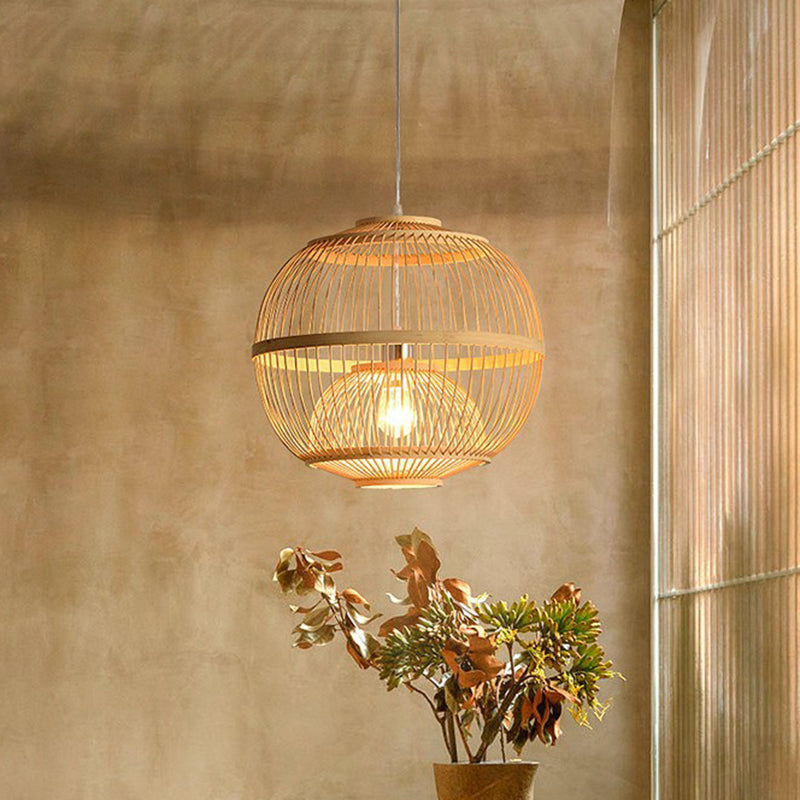 Light a sospensione a gabbia arrotondata in legno Nordic 1 testa a ciondolo in bambù per sala da pranzo