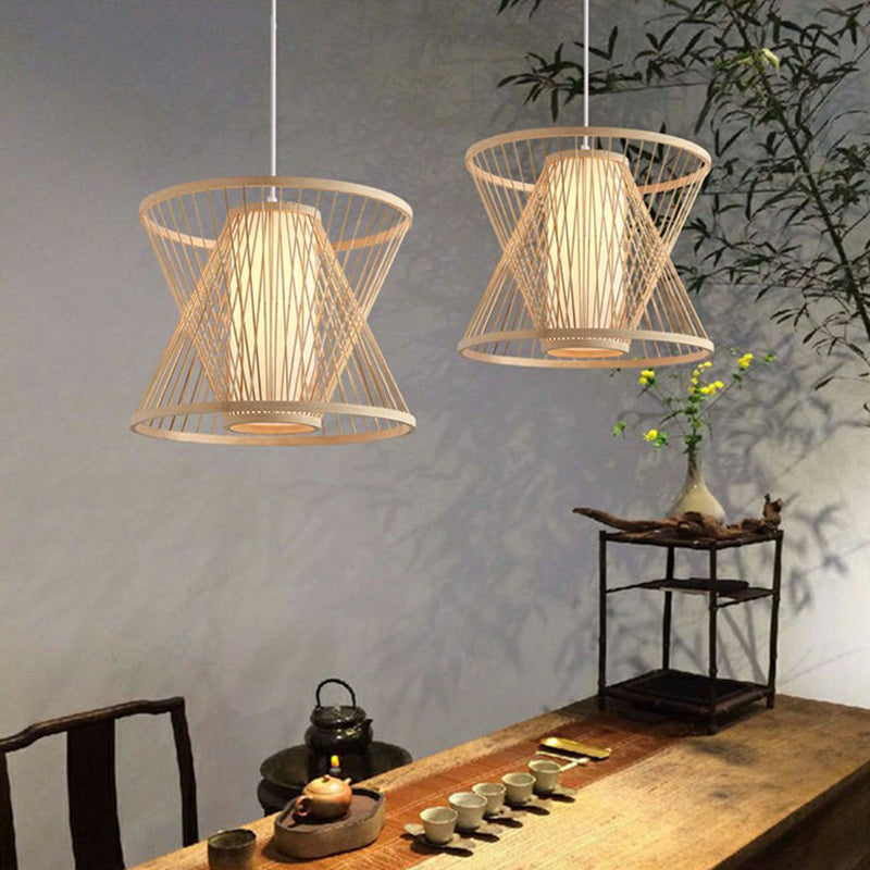 Nordic Conical Cage Hanging Light Bamboo 1-Light Dining Room Suspension Pendant Light in Wood