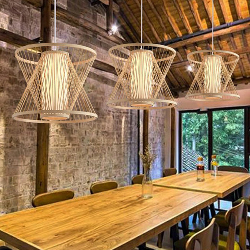 Nordic Conical Cage Hanging Light Bamboo 1-Light Dining Room Suspension Pendant Light in Wood