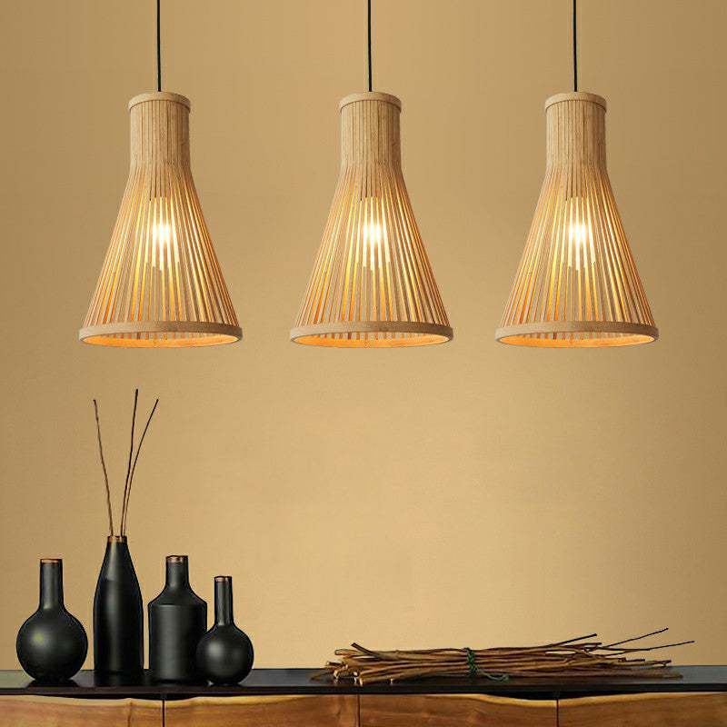 1 Head Tea Room Ceiling Light Minimalist Wood Drop Pendant with Cone Bamboo Shade