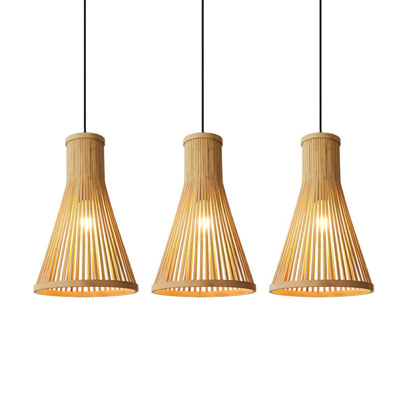 1 Head Tea Room Ceiling Light Minimalist Wood Drop Pendant with Cone Bamboo Shade