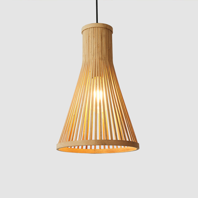 1 Head Tea Room Ceiling Light Minimalist Wood Drop Pendant with Cone Bamboo Shade