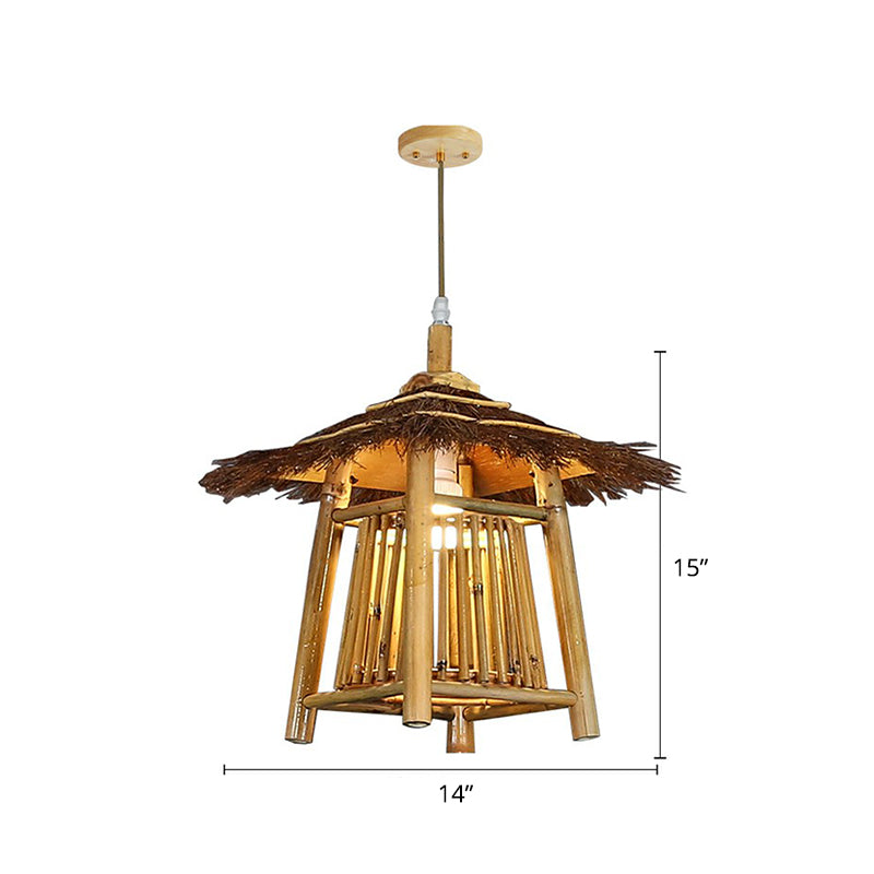 Japanese Pavilion Pendant Lighting Bamboo 1-Light Tea Room Hanging Ceiling Light in Wood