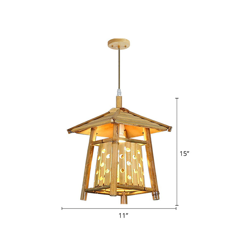 Japanese Pavilion Pendant Lighting Bamboo 1-Light Tea Room Hanging Ceiling Light in Wood