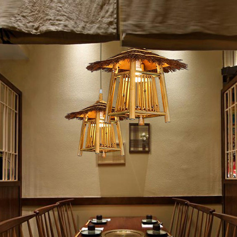 Japanese Pavilion Pendant Lighting Bamboo 1-Light Tea Room Hanging Ceiling Light in Wood