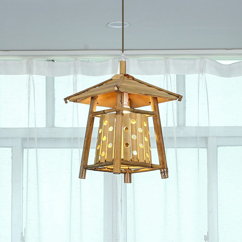 Japanese Pavilion Pendant Lighting Bamboo 1-Light Tea Room Hanging Ceiling Light in Wood