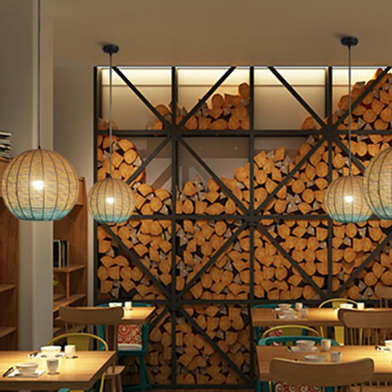 Asiatische kreative Kugelheizlampe Rattan 1 Lampenrestaurant Deckenleuchte in Holz und Blau