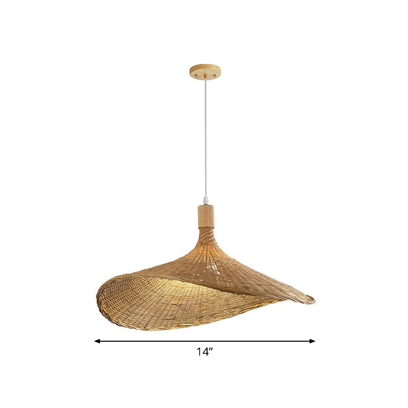 Hat Shaped Pendant Lighting Fixture Asian Bamboo 1-Light Wood Hanging Lamp for Tearoom