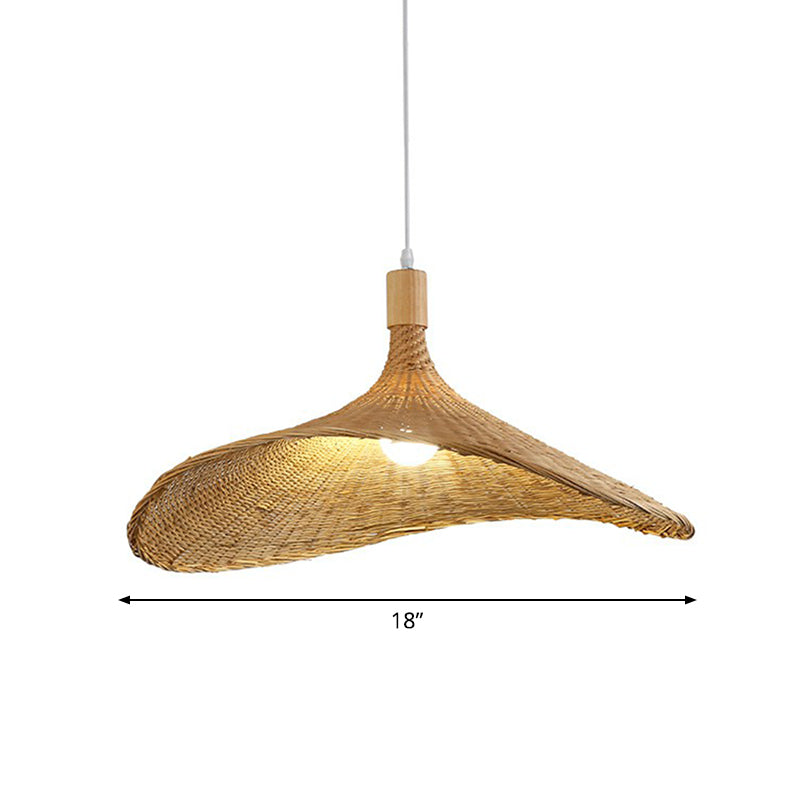 Hat Shaped Pendant Lighting Fixture Asian Bamboo 1-Light Wood Hanging Lamp for Tearoom