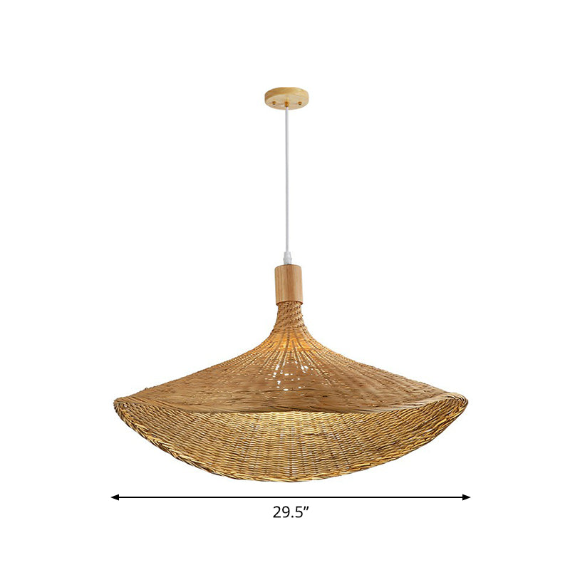 Hat Shaped Pendant Lighting Fixture Asian Bamboo 1-Light Wood Hanging Lamp for Tearoom
