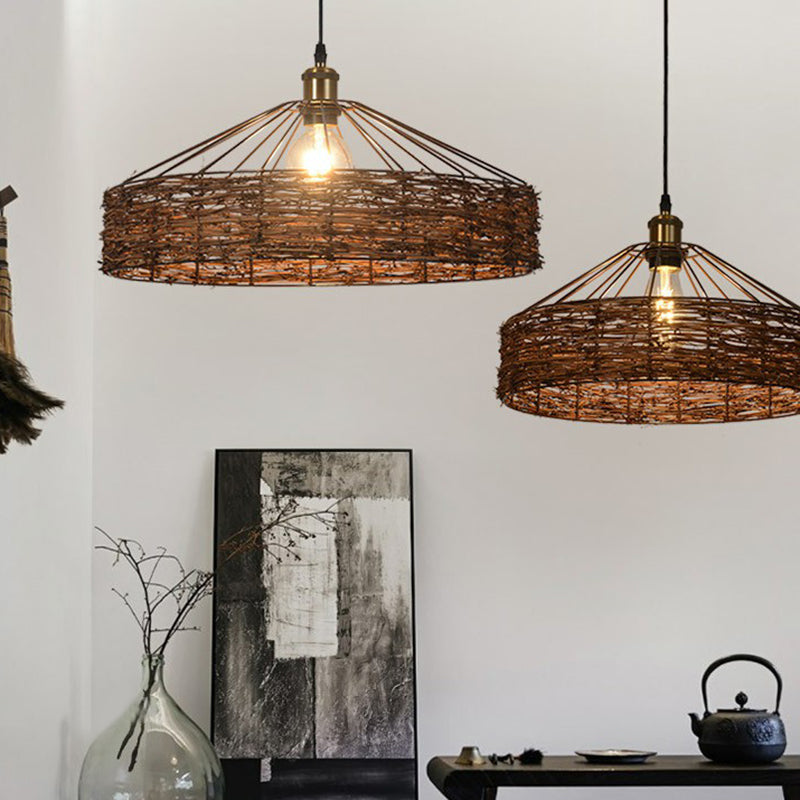 Rattan schuurvormige hangende lichte landstijl 1 lamp bruine hanger voor eetkamer