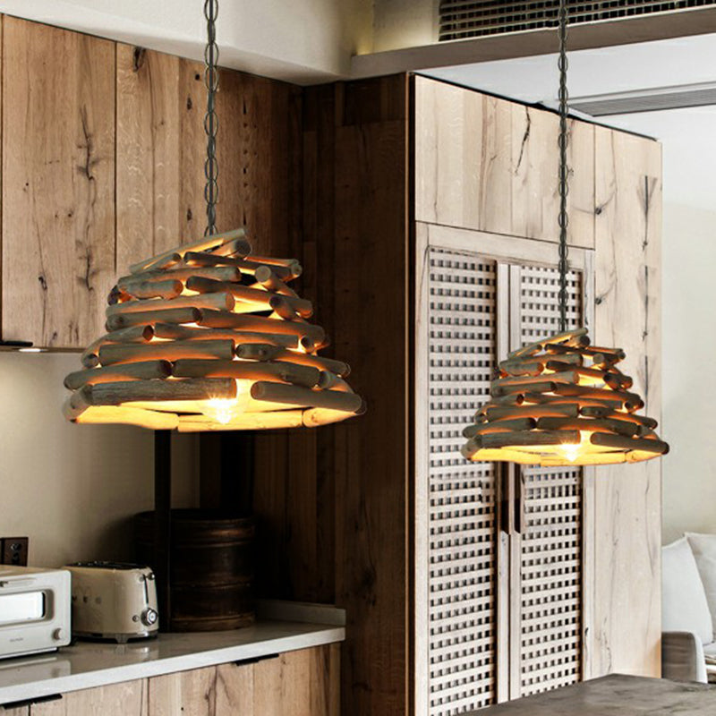 Stacked Sticks Suspension Lamp Lodge Wooden Single Dining Room Pendant Light Fixture