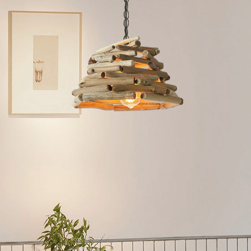 Stacked Sticks Suspension Lamp Lodge Wooden Single Dining Room Pendant Light Fixture