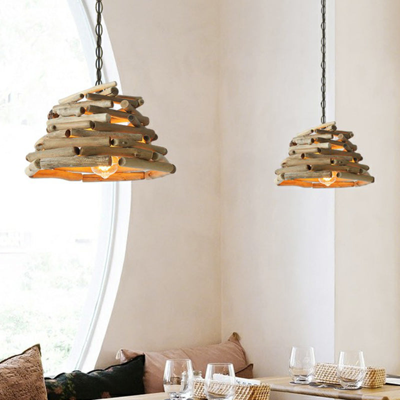 Stacked Sticks Suspension Lamp Lodge Wooden Single Dining Room Pendant Light Fixture
