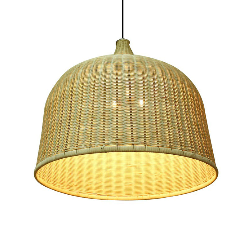 Modern Cloche Shaped Hanging Lamp Bamboo 1-Light Bedroom Ceiling Light Fixture in Wood