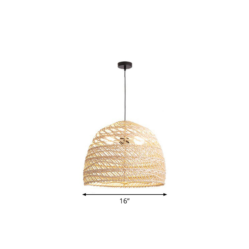 Domed Bedroom Ceiling Pendant Lamp Rattan 1-Head Rustic Suspension Light Fixture