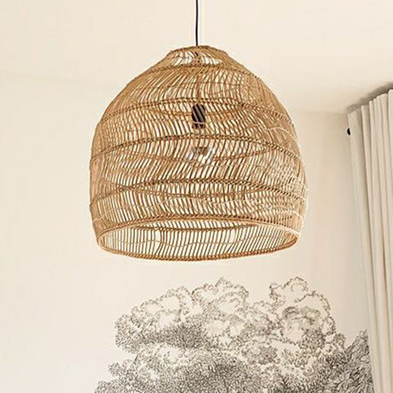 Domed Bedroom Ceiling Pendant Lamp Rattan 1-Head Rustic Suspension Light Fixture