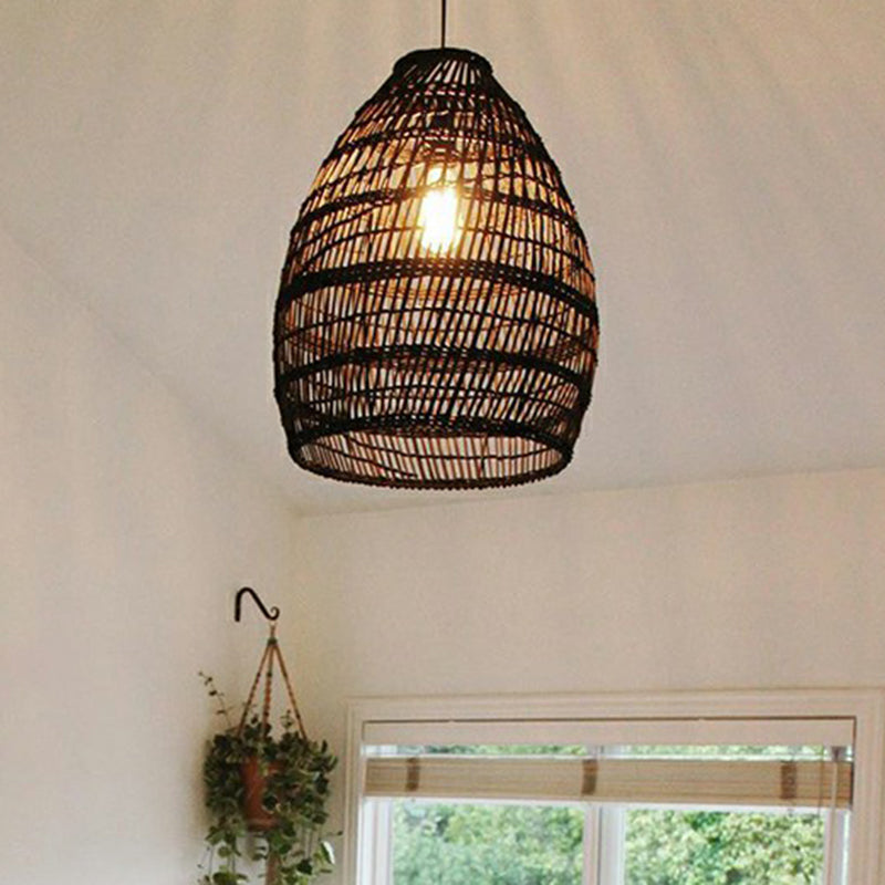 Domed Bedroom Ceiling Pendant Lamp Rattan 1-Head Rustic Suspension Light Fixture
