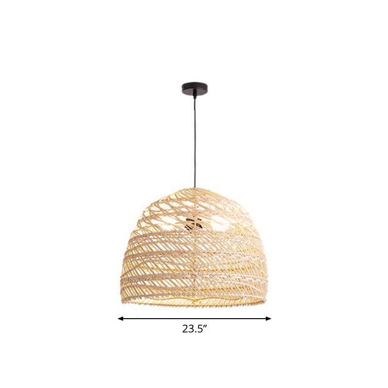 Domed Bedroom Ceiling Pendant Lamp Rattan 1-Head Rustic Suspension Light Fixture