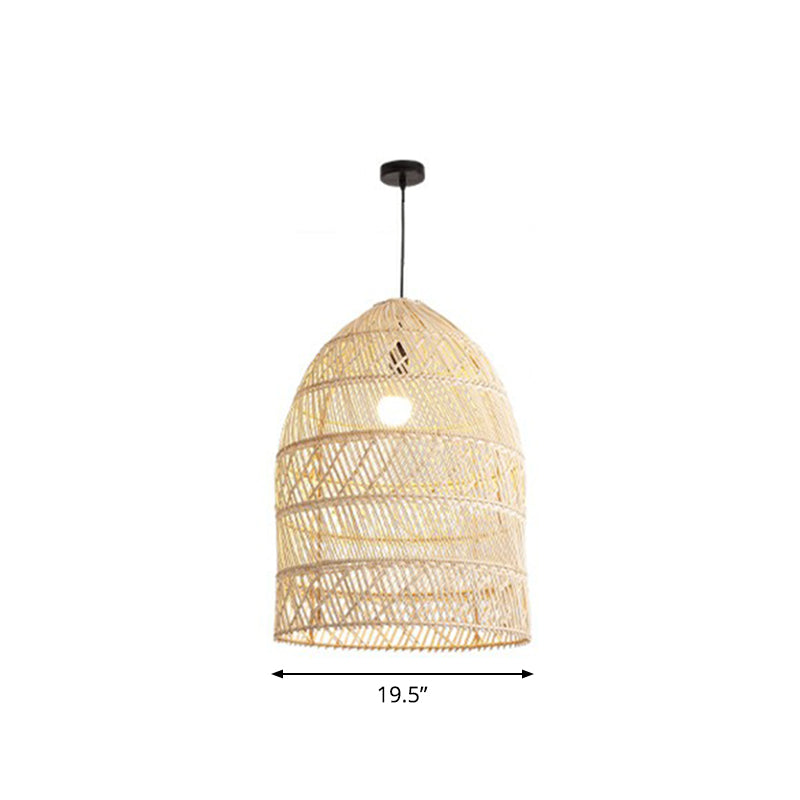 Domed Bedroom Ceiling Pendant Lamp Rattan 1-Head Rustic Suspension Light Fixture