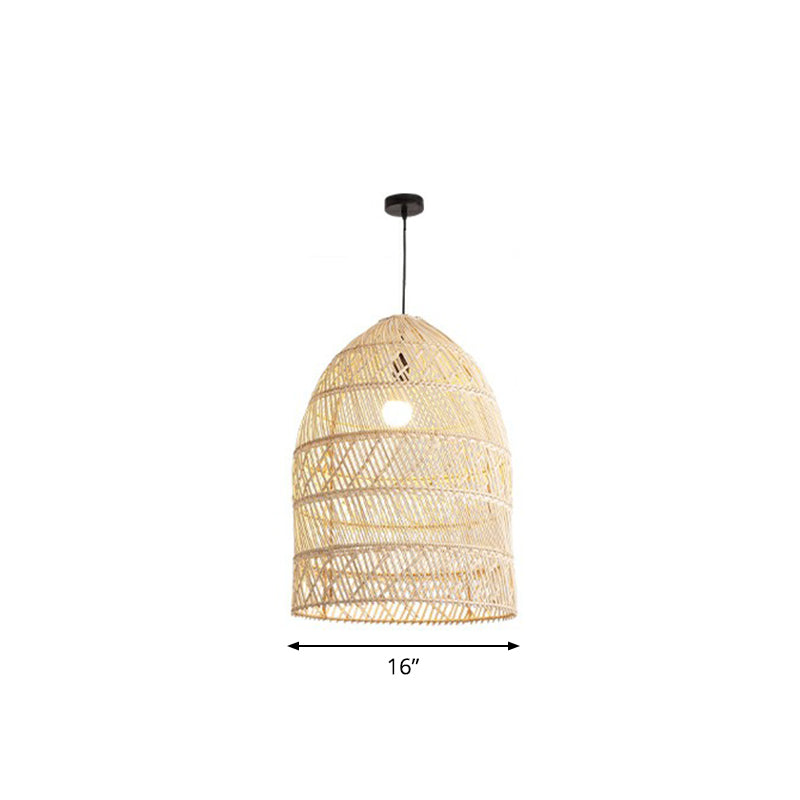 Domed Bedroom Ceiling Pendant Lamp Rattan 1-Head Rustic Suspension Light Fixture
