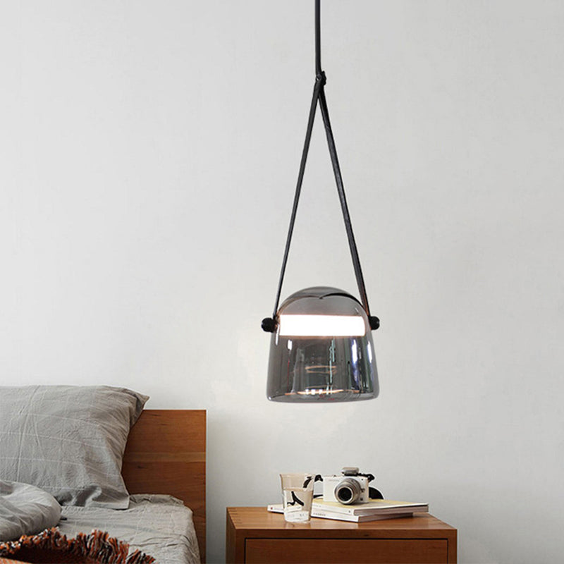 Dome Smoke Grey Glass Pendulum Light Nordic Single-Bulb Pendant Lighting with Adjustable Leather Strap