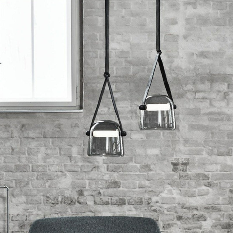 Dome Smoke Grey Glass Pendulum Light Nordic Single-Bulb Pendant Lighting with Adjustable Leather Strap