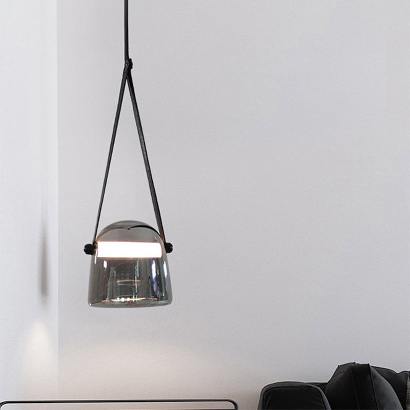 Dome Smoke Grey Glass Pendulum Light Nordic Single-Bulb Pendant Lighting with Adjustable Leather Strap