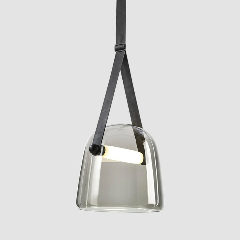 Dome Smoke Grey Glass Pendulum Light Nordic Single-Bulb Pendant Lighting with Adjustable Leather Strap