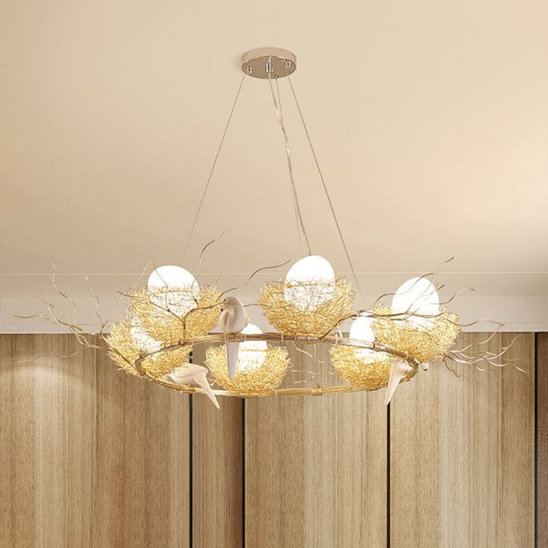 Artistic Bird Nest and Egg Chandelier Aluminum Dining Room Pendant Light in Gold