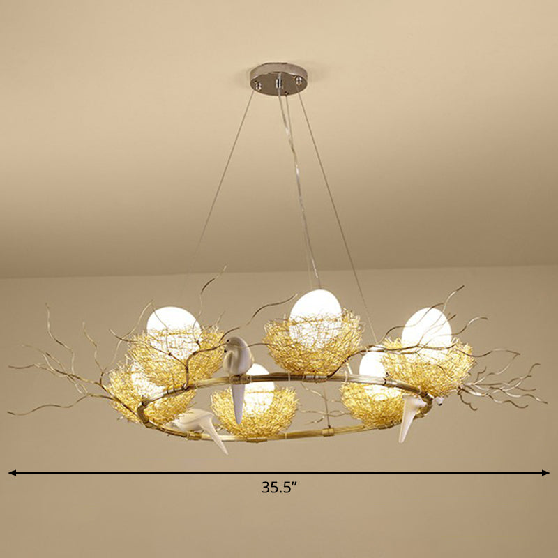 Artistic Bird Nest and Egg Chandelier Aluminum Dining Room Pendant Light in Gold