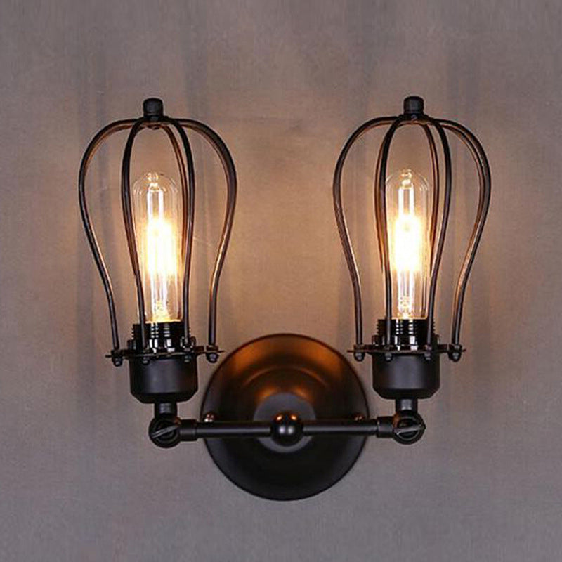 Black Bulb Shaped Cage Wall Mount Light Industrial Metal Bedroom Sconce Lamp with Pivot Joint