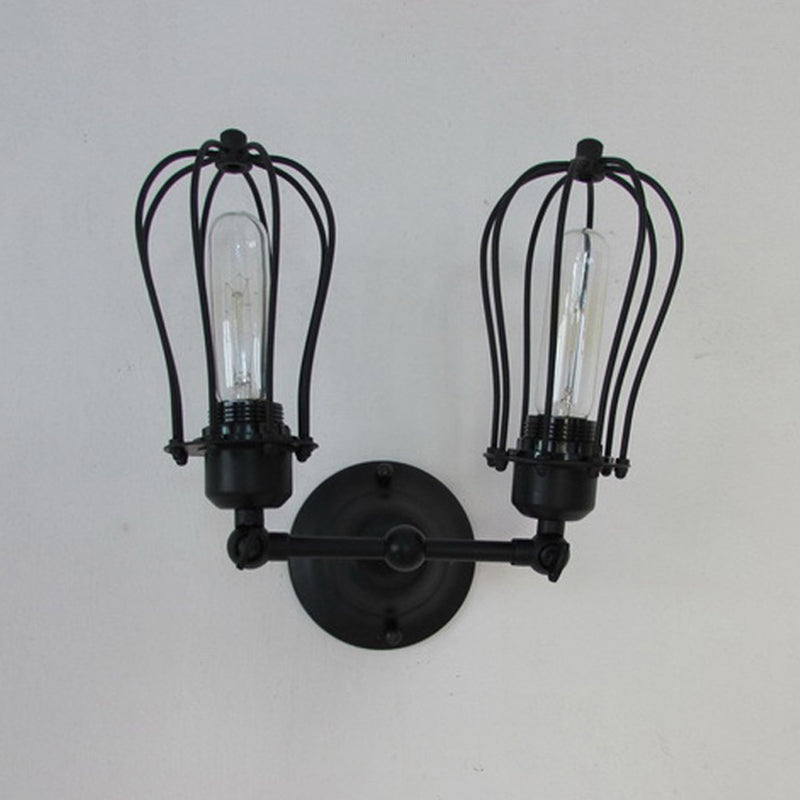 Black Bulb Shaped Cage Wall Mount Light Industrial Metal Bedroom Sconce Lamp with Pivot Joint