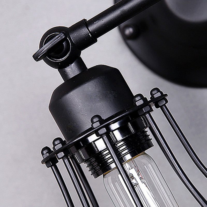 Black Bulb Shaped Cage Wall Mount Light Industrial Metal Bedroom Sconce Lamp with Pivot Joint