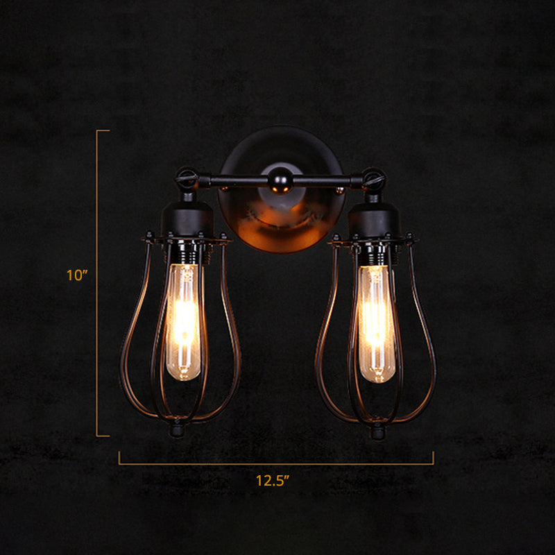 Black Bulb Shaped Cage Wall Mount Light Industrial Metal Bedroom Sconce Lamp with Pivot Joint