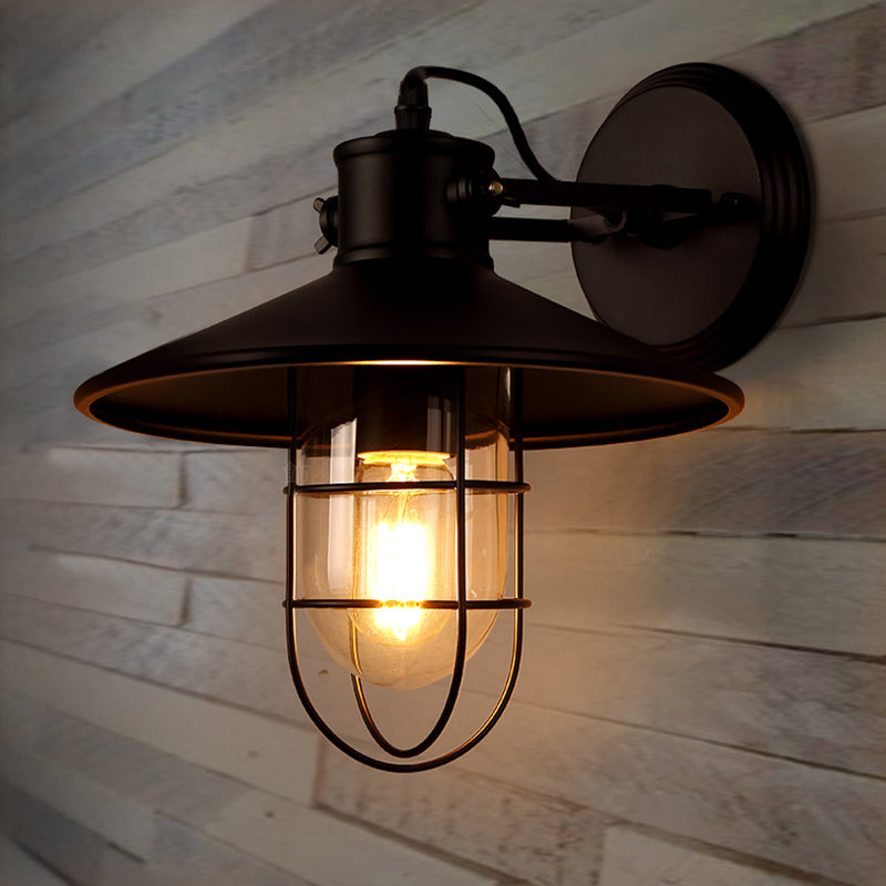 Lampe murale rotatif en métal conique rustique 1 tête à une tête de salle à manger lumière murale avec gardien de verre en noir en noir