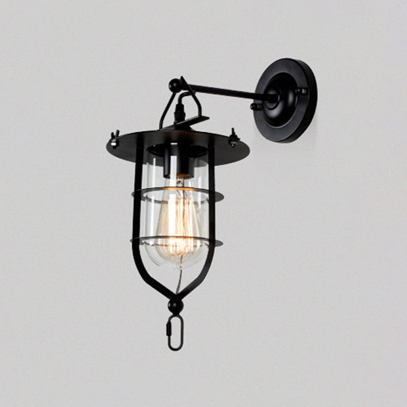 Black Single Wall Light Fixture Industrial Metal Wire Cage Wall Sconce with Clear Glass Shade