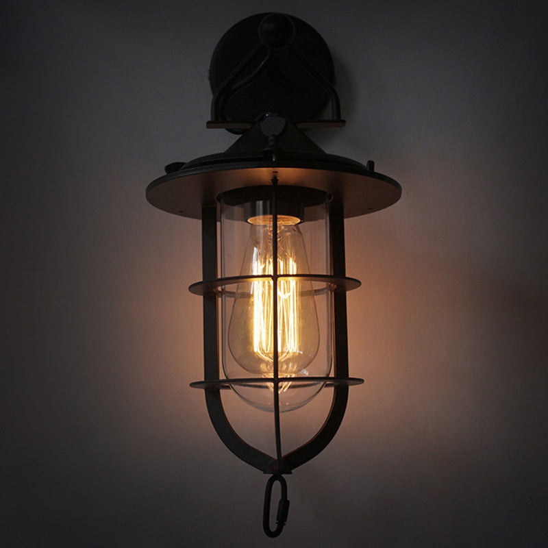 Black Single Wall Light Fixture Industrial Metal Wire Cage Wall Sconce with Clear Glass Shade