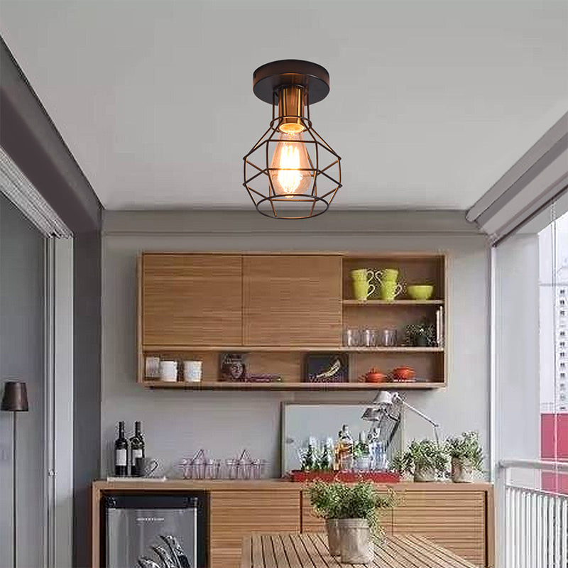 Luz de techo de balcón industrial de montura semi de montura de 1 luz con jaula de metal en forma de bola en negro