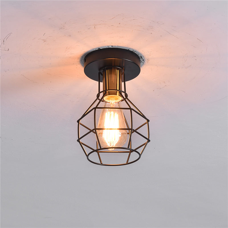 Luz de techo de balcón industrial de montura semi de montura de 1 luz con jaula de metal en forma de bola en negro