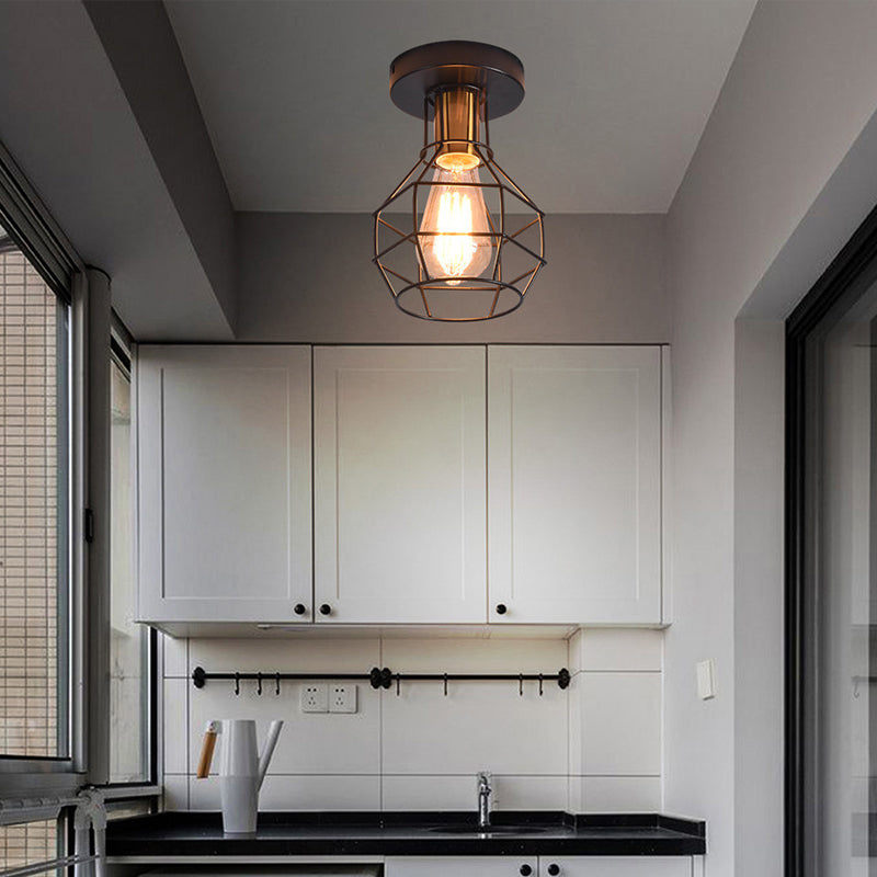 Luz de techo de balcón industrial de montura semi de montura de 1 luz con jaula de metal en forma de bola en negro