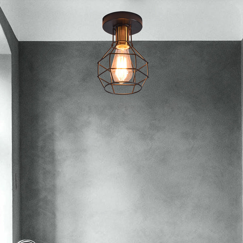 Luz de techo de balcón industrial de montura semi de montura de 1 luz con jaula de metal en forma de bola en negro
