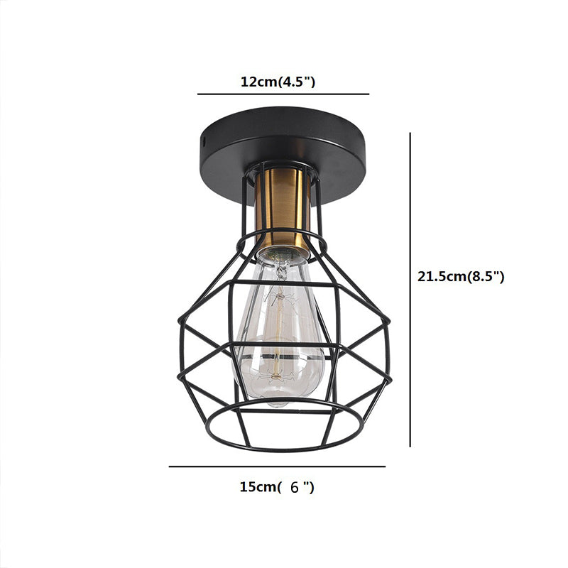 Luz de techo de balcón industrial de montura semi de montura de 1 luz con jaula de metal en forma de bola en negro