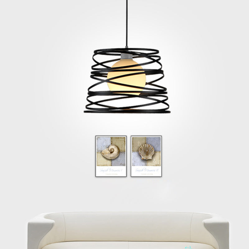 White Glass Domed Suspension Light Loft Style Single Living Room Drop Pendant with Wire Guard in Black