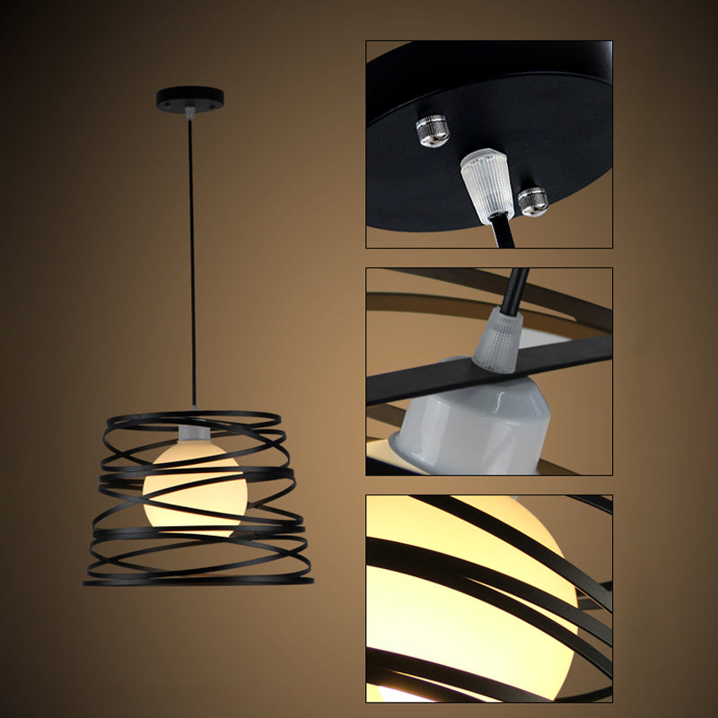 White Glass Domed Suspension Light Loft Style Single Living Room Drop Pendant with Wire Guard in Black